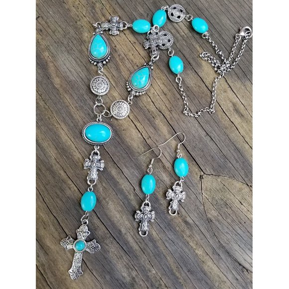 Artisan Hand Crafted Necklace Earrings Set Rosary Cross Turquoise Silver Beaded - Picture 5 of 7